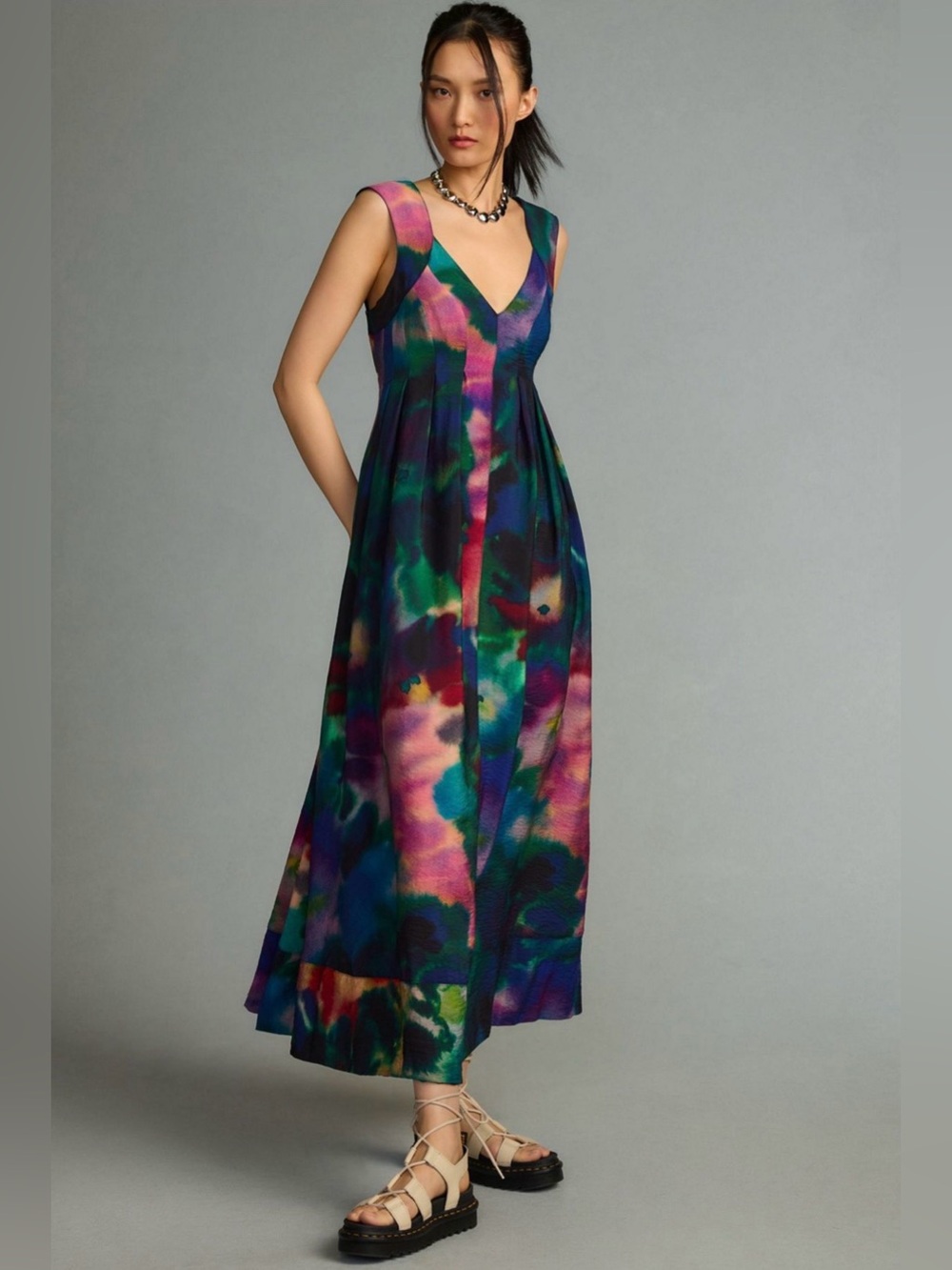 Anthropologie Multicolor Watercolor V-Neck Midi Dress Size 2X